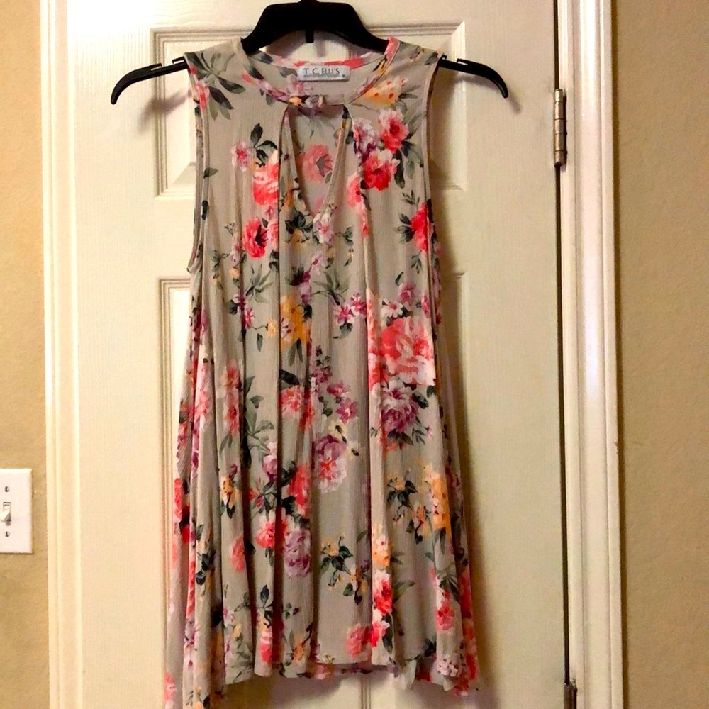 Beige Pink Orange Floral Blouse Tank Top Sz S